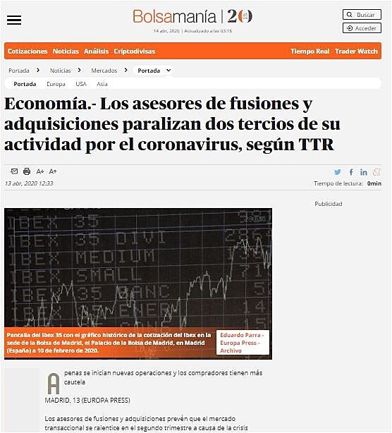 Los asesores de fusiones y adquisiciones paralizan dos tercios de su actividad por el coronavirus, segn TTR